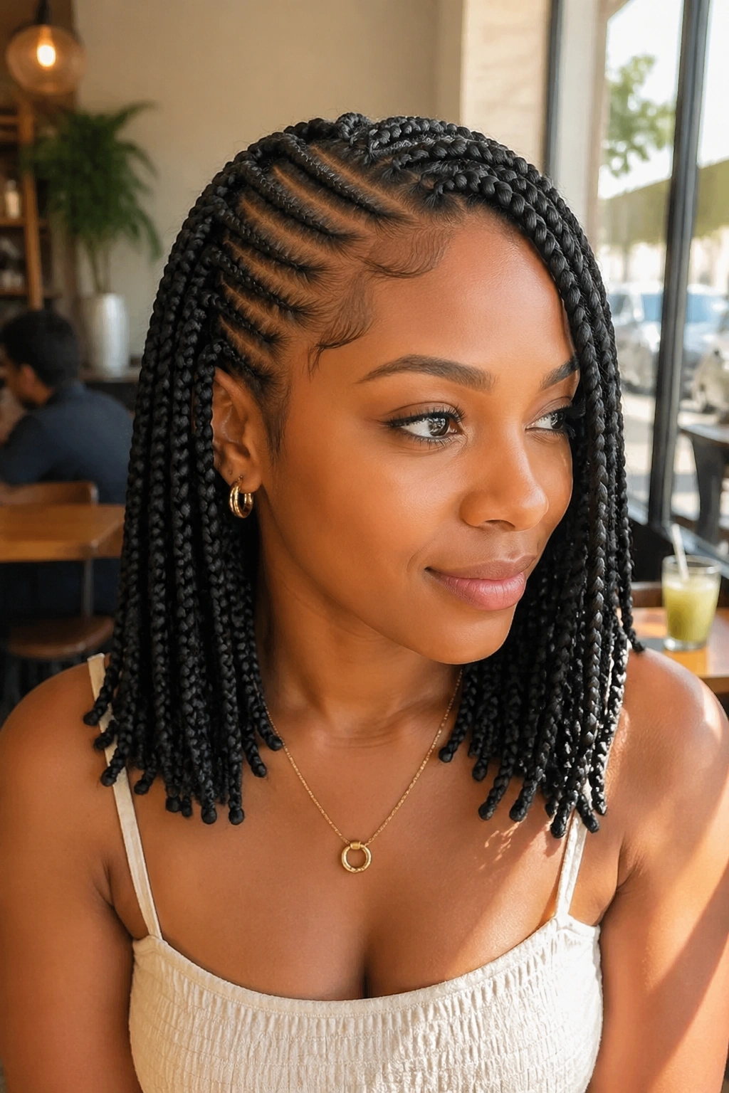 Close-up portrait of shoulder-length lemonade box braids on a real person in natural light.