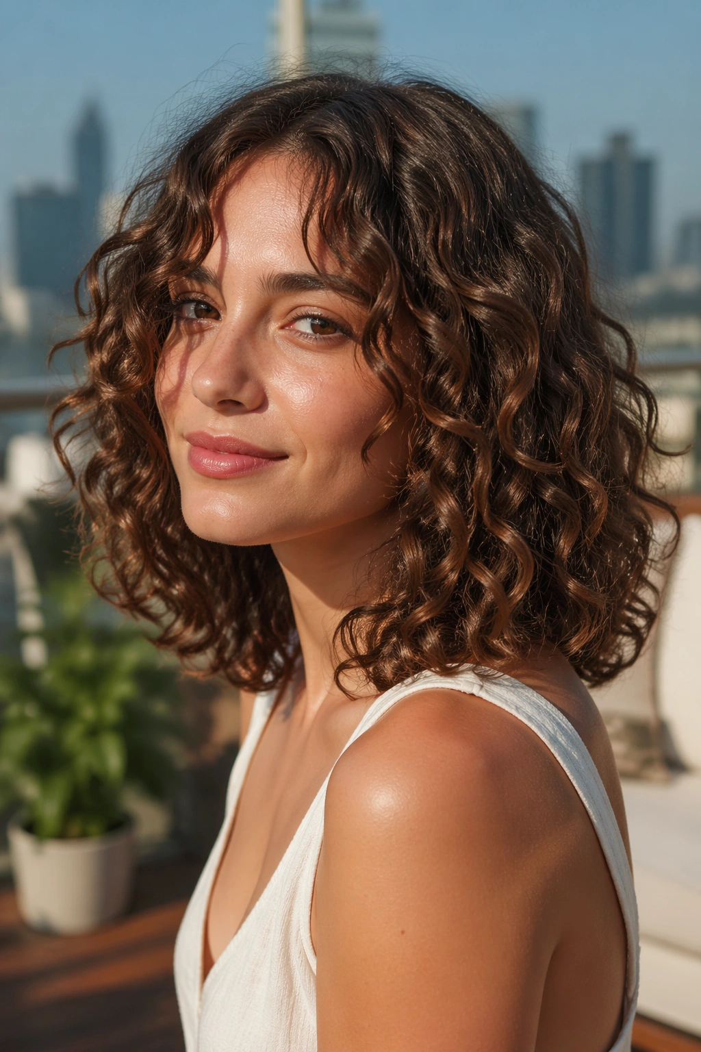 Close-up of person with shoulder-length curly lob in sunlit outdoor setting.