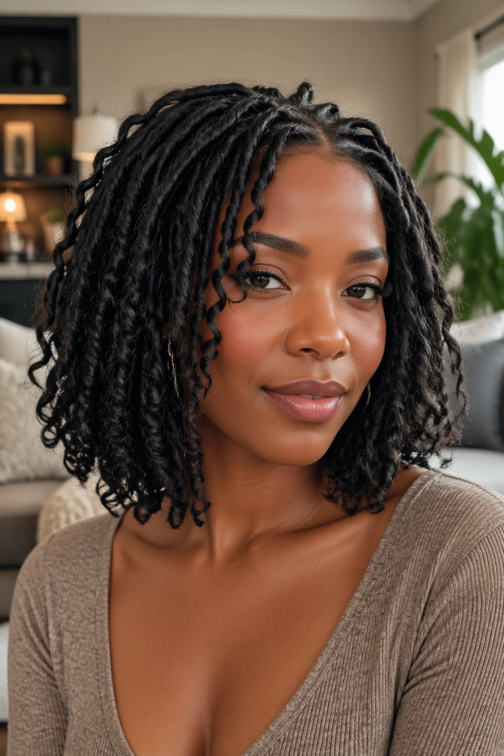 Real person with shoulder-length curly faux loc bob