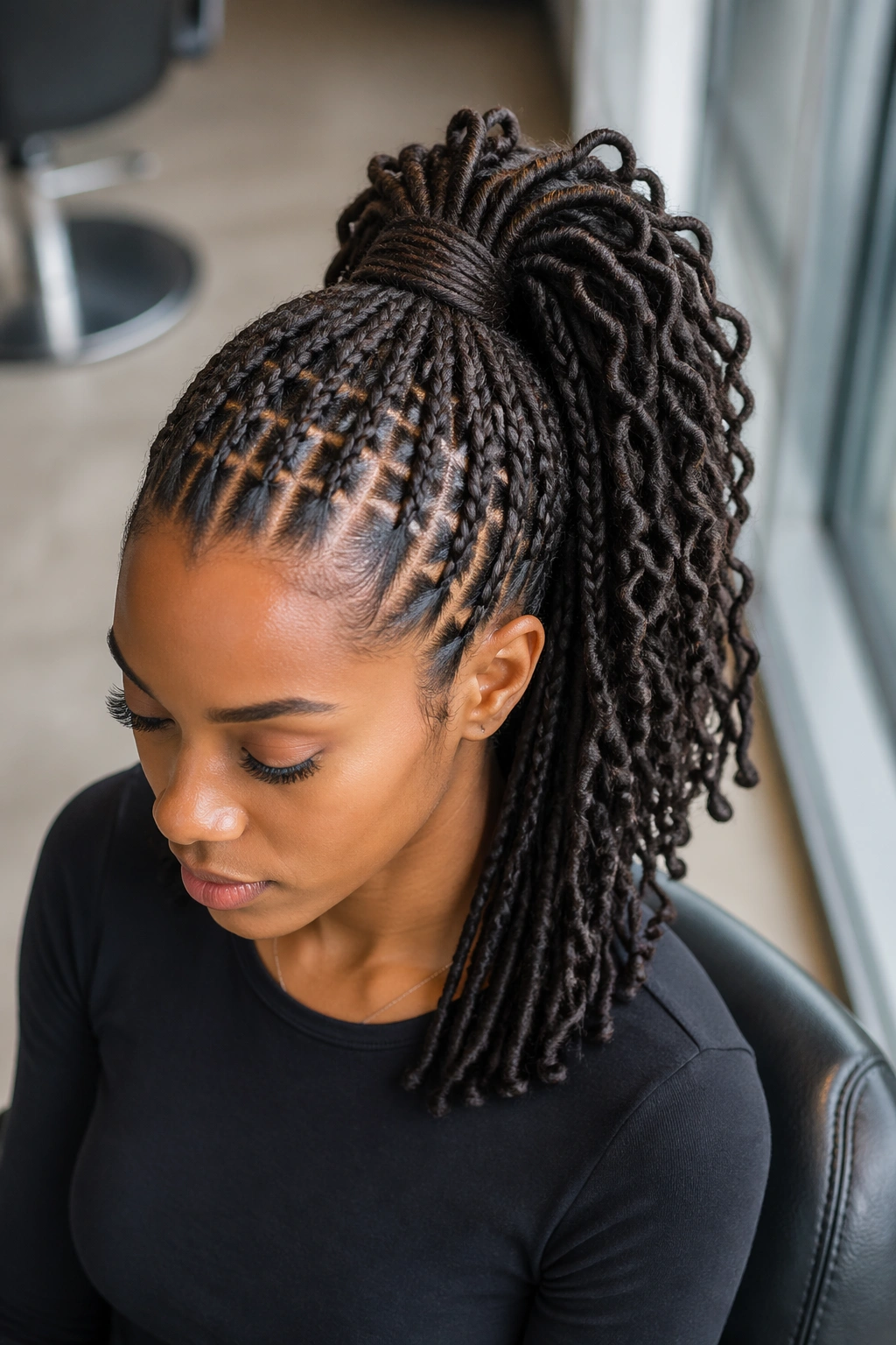 Close-up of a real woman with shoulder-length locs in a butterfly braid ponytail with extension