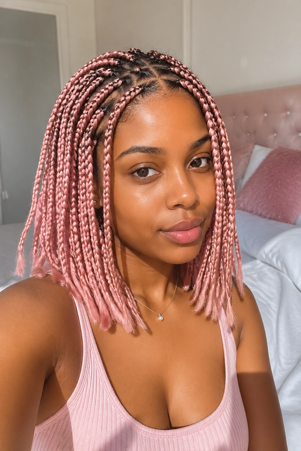 Close-up portrait of a real woman with shoulder-length pink box braids.