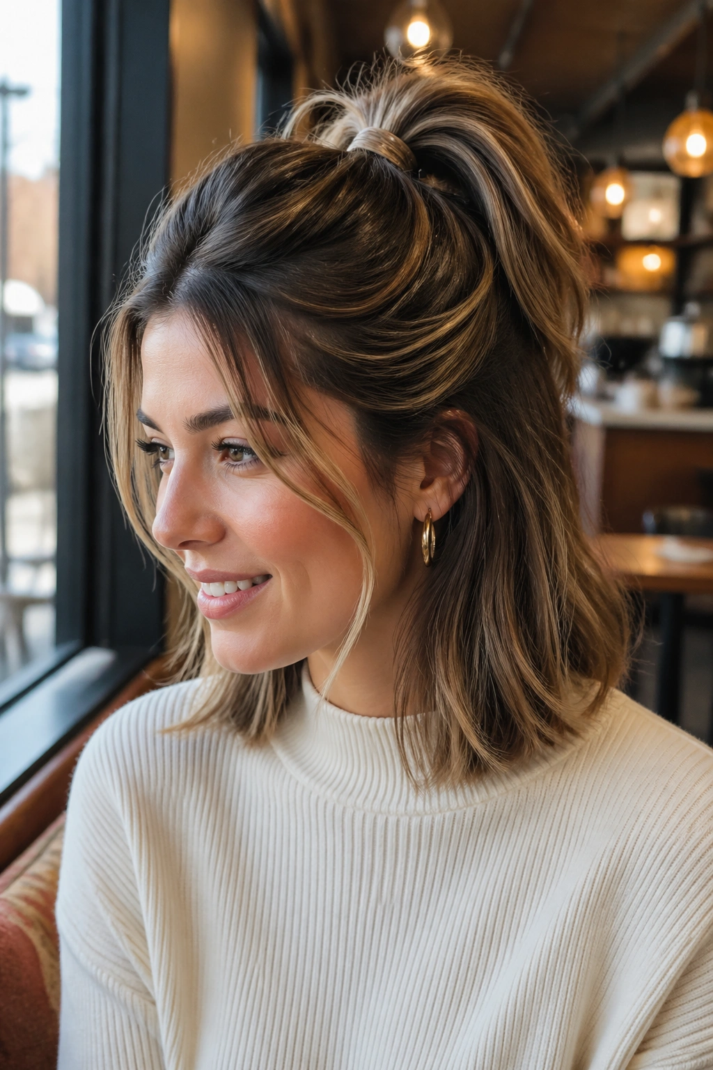 Real woman with shoulder-length hair in a half-up ponytail with soft twists.