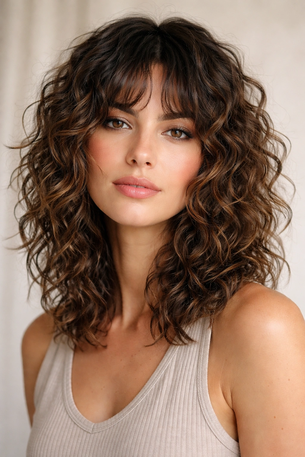 Close-up of shoulder-length curls in a razor shag with soft ends