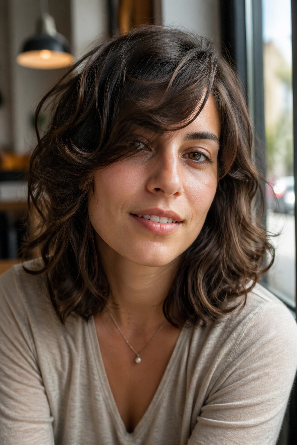 Close-up portrait of a real woman with shoulder-length shag and side sweep in a cafe window setting