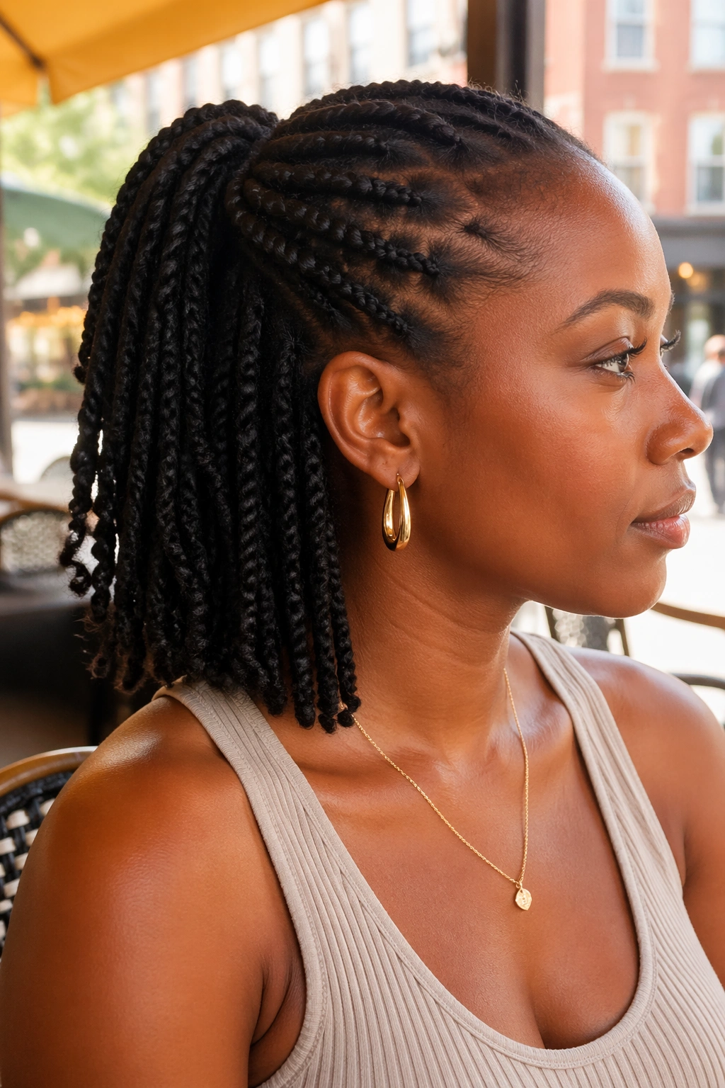 Shoulder-length twist ponytail on a real woman in a sunny street cafe