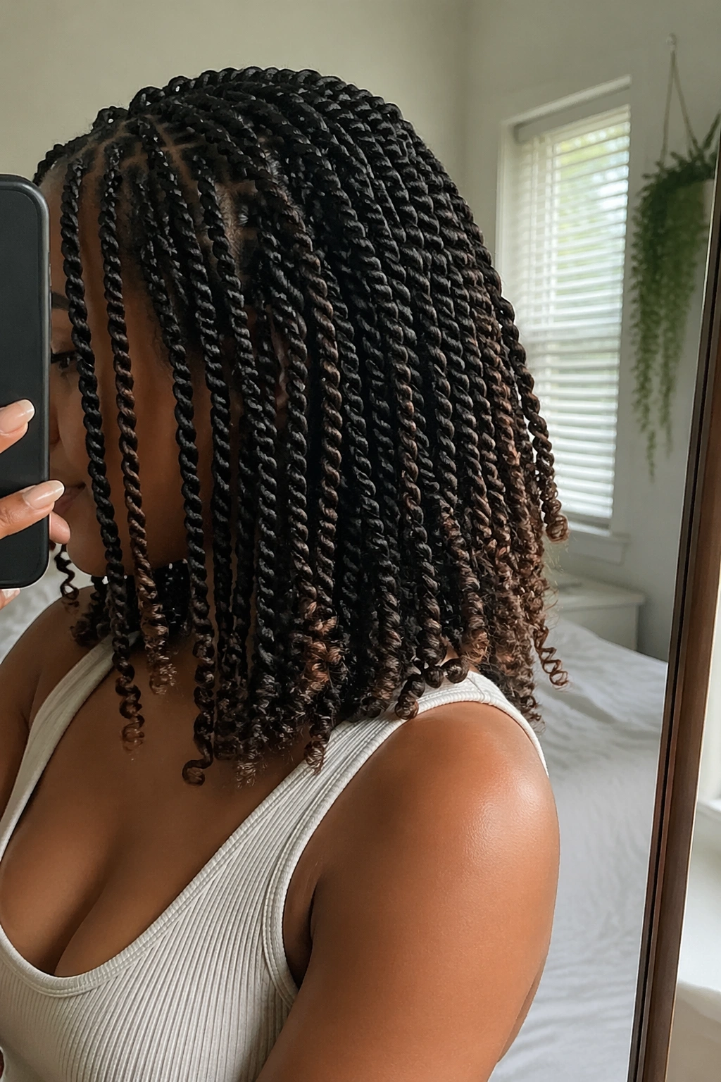 Close-up shoulder-length twists in bedroom mirror