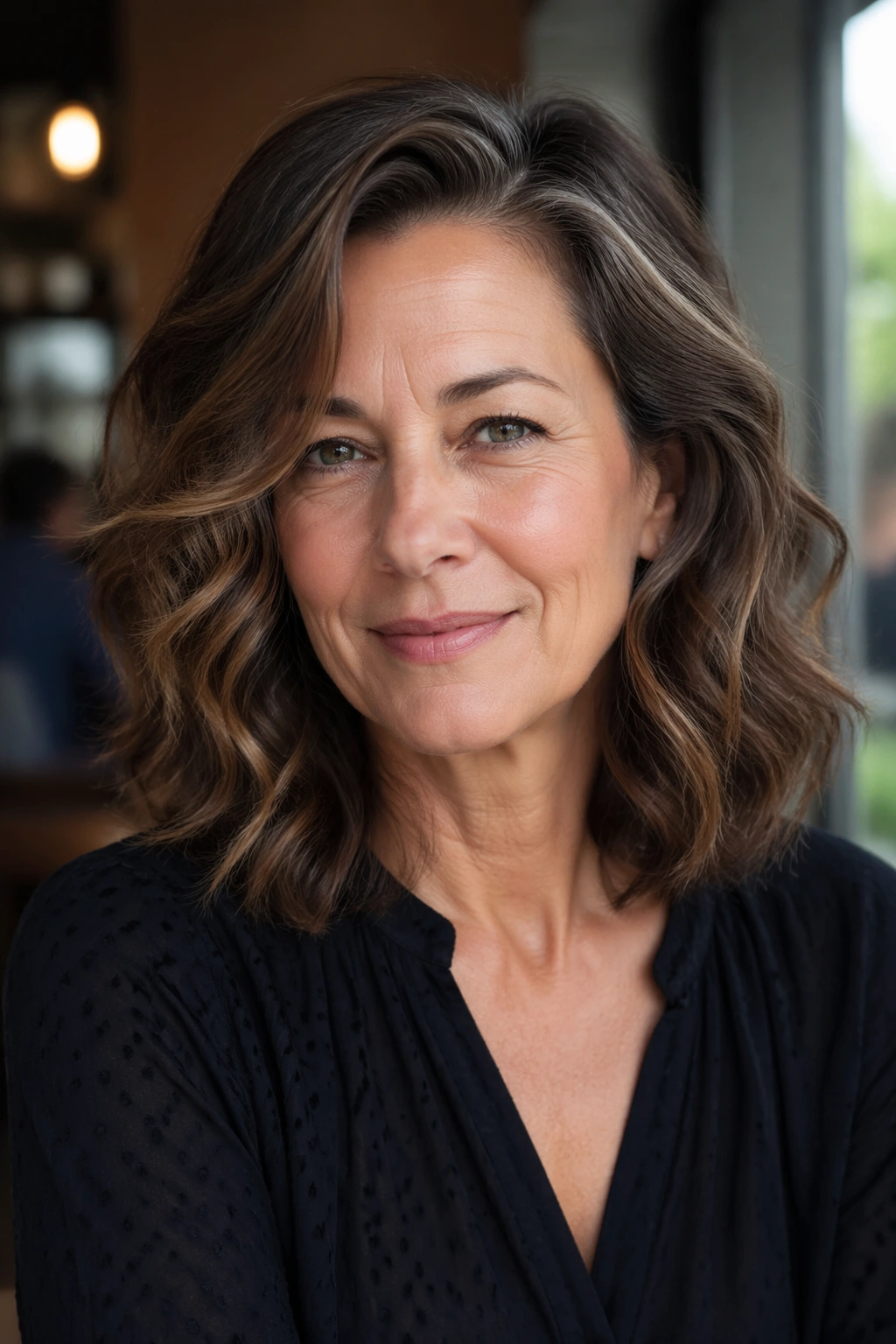 Portrait of a real woman with shoulder-length waves and a deep side part