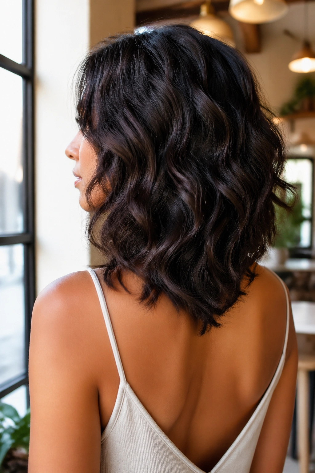 Close-up of a real woman with shoulder-length wavy hair and V-back silhouette