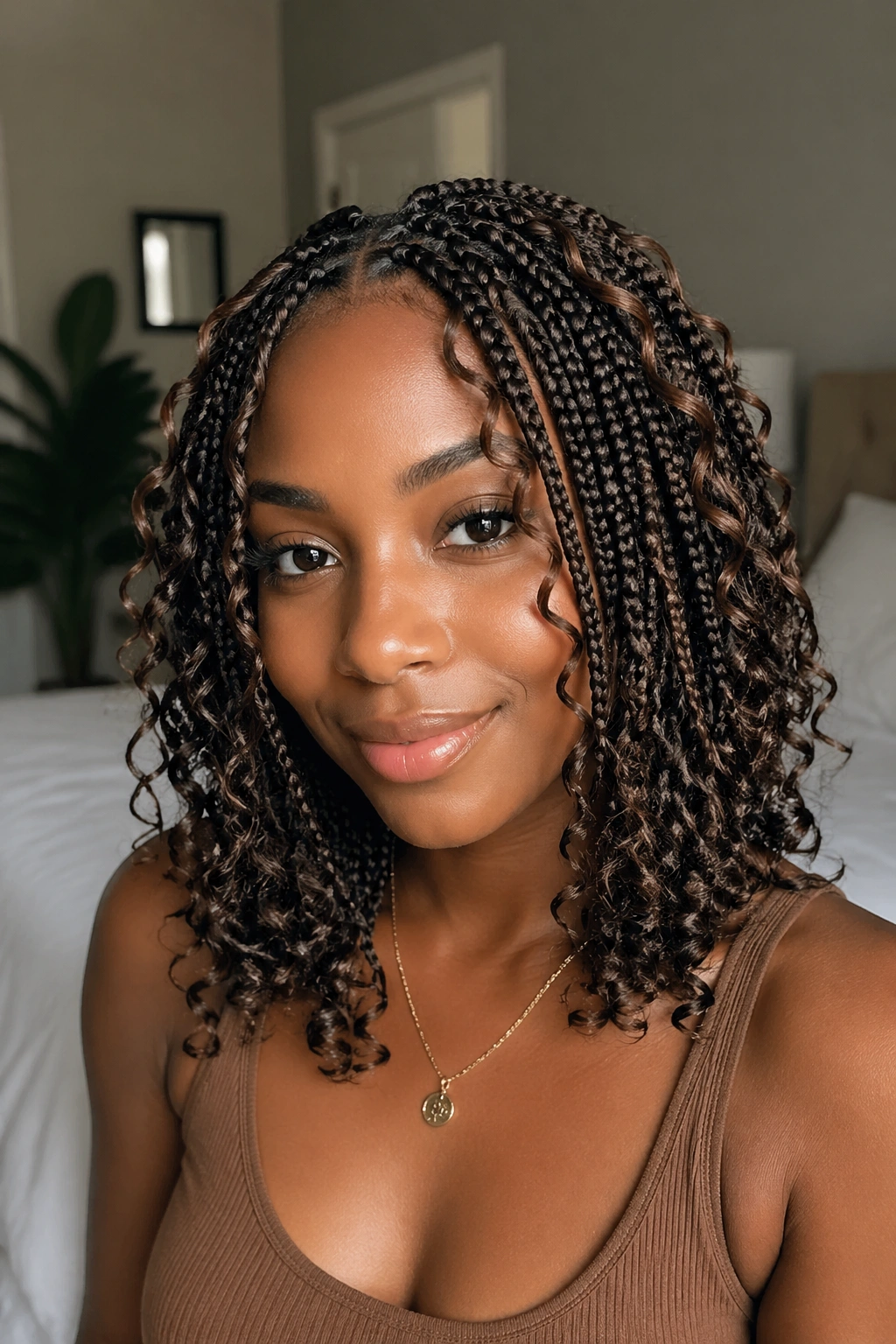 Close-up portrait of shoulder-skimming knotless box braids with loose curls on a real person
