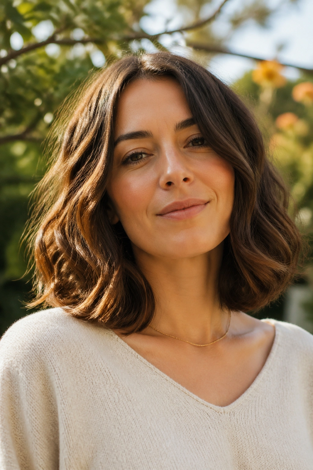 Close-up of a real woman with shoulder-skimming curved-under ends in sunlight