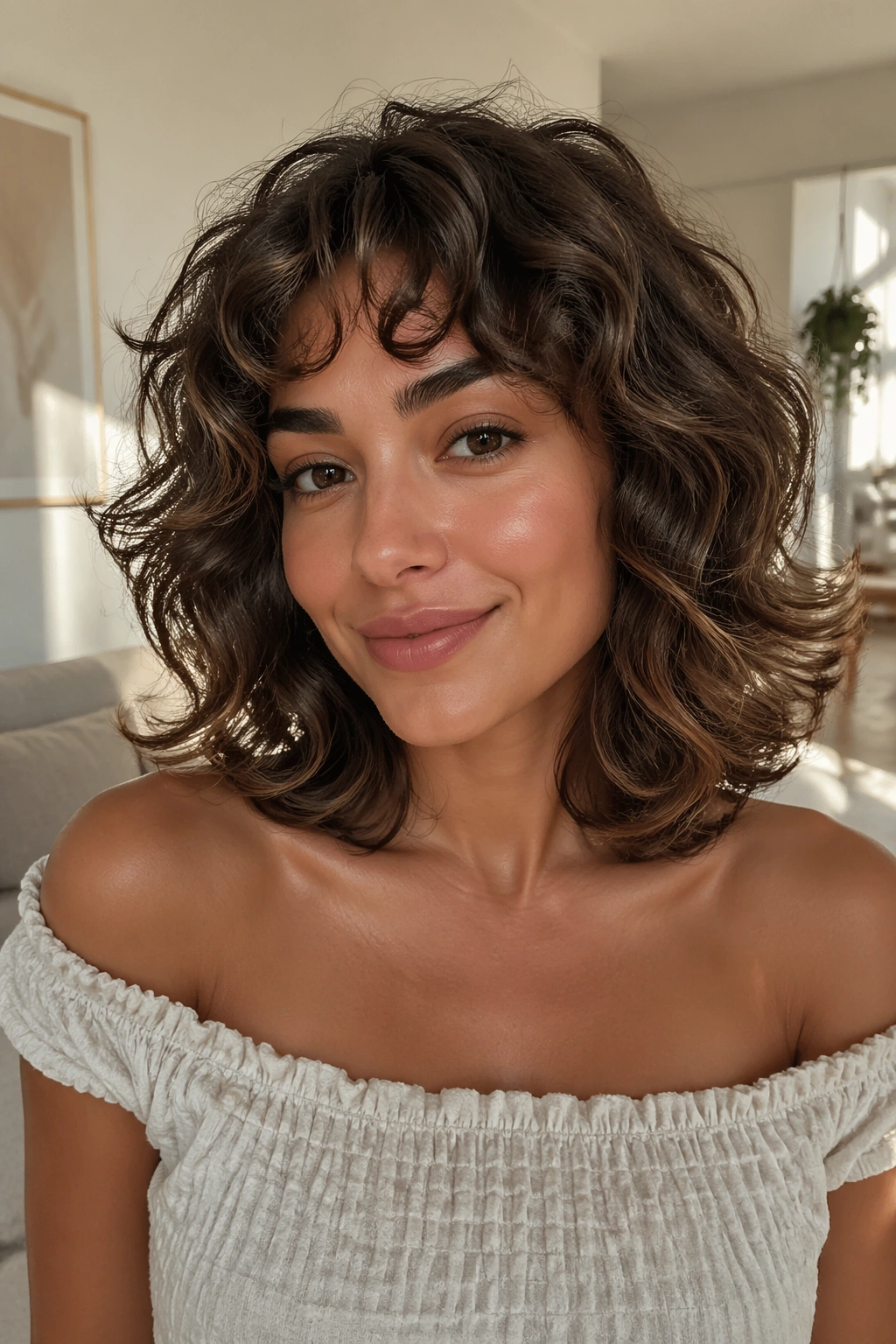 Portrait of a woman with shoulder-skimming layered curls and flipped ends.