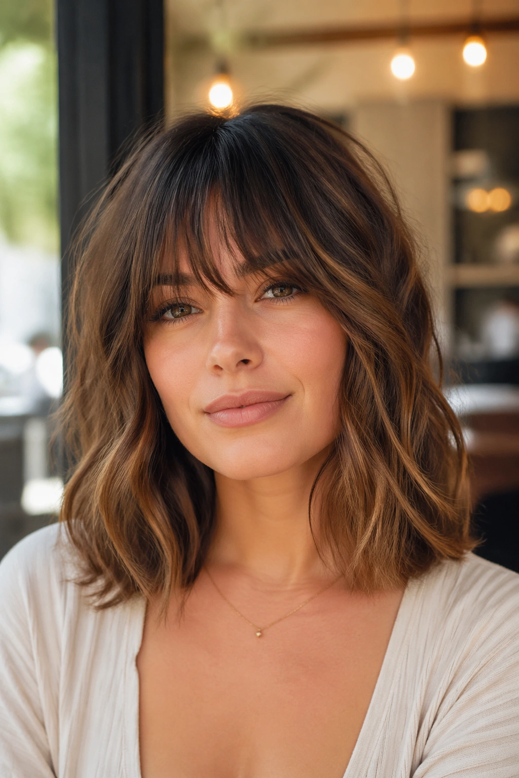 Portrait of a real woman with shoulder-skimming lob and long bangs by a cafe window