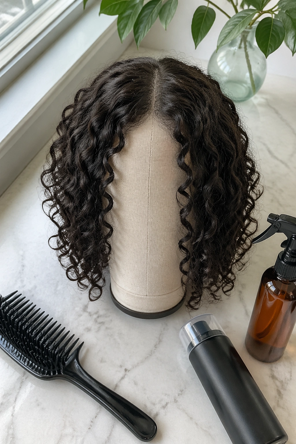 Overhead flat-lay of shoulder-skimming curly lob wig and styling tools.