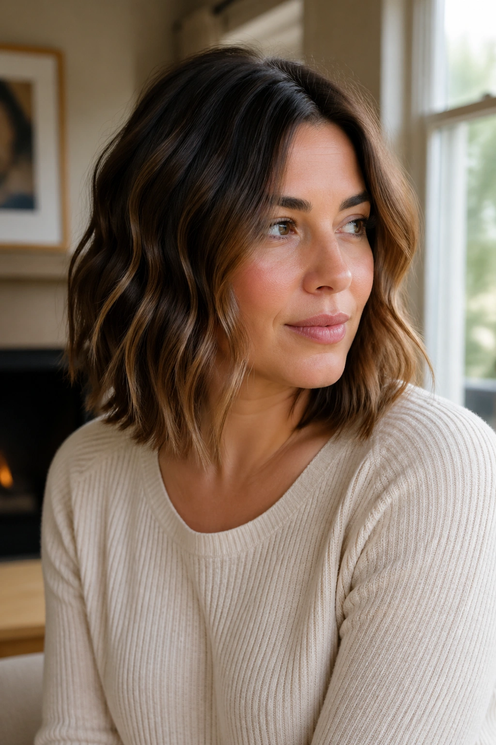 Shoulder-skimming wavy bob on a real woman, relaxed waves