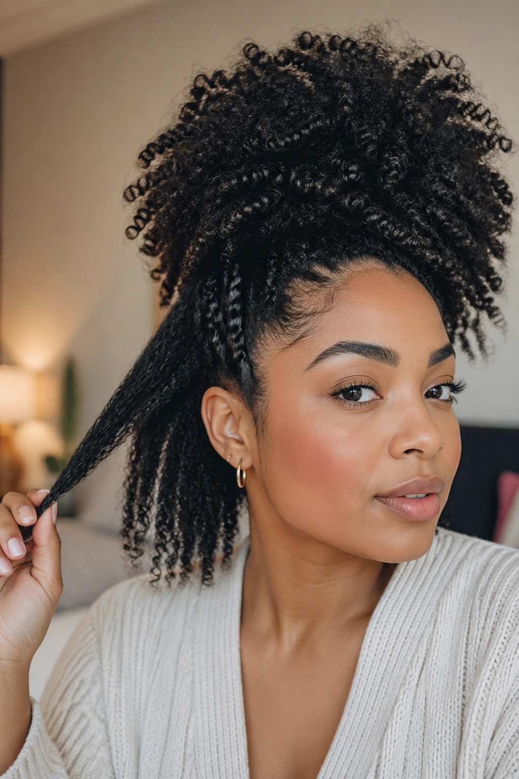 Portrait highlighting shrinkage in Afro hair on a real person in a home setting