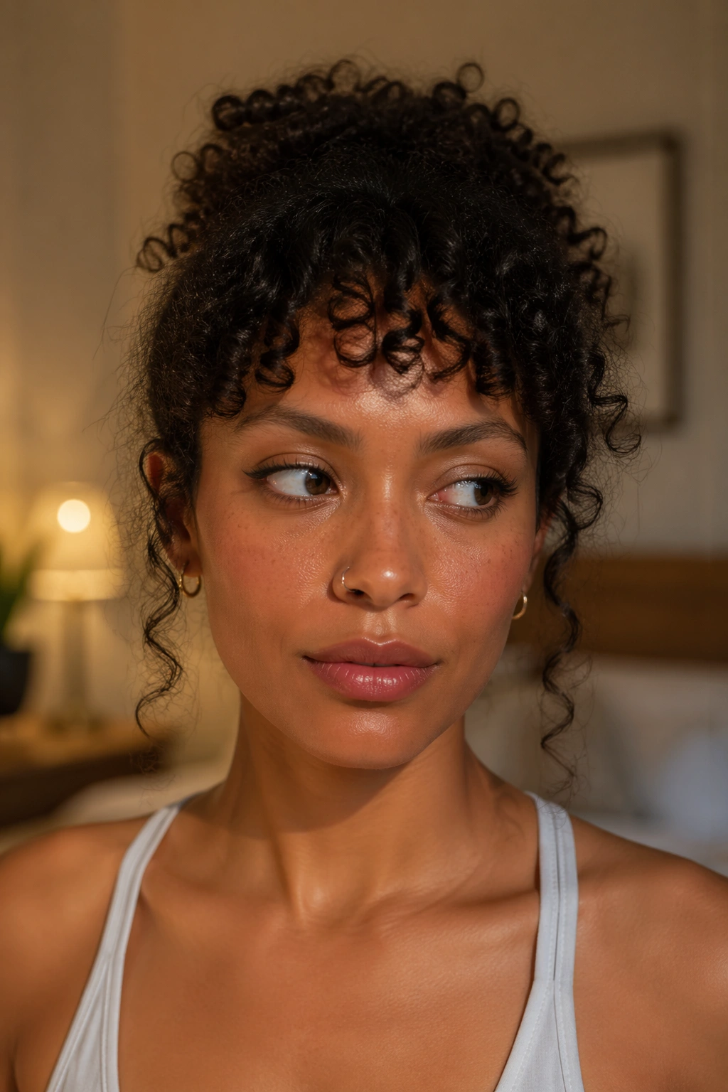 Close-up showing curly bangs sitting higher on the forehead due to shrinkage