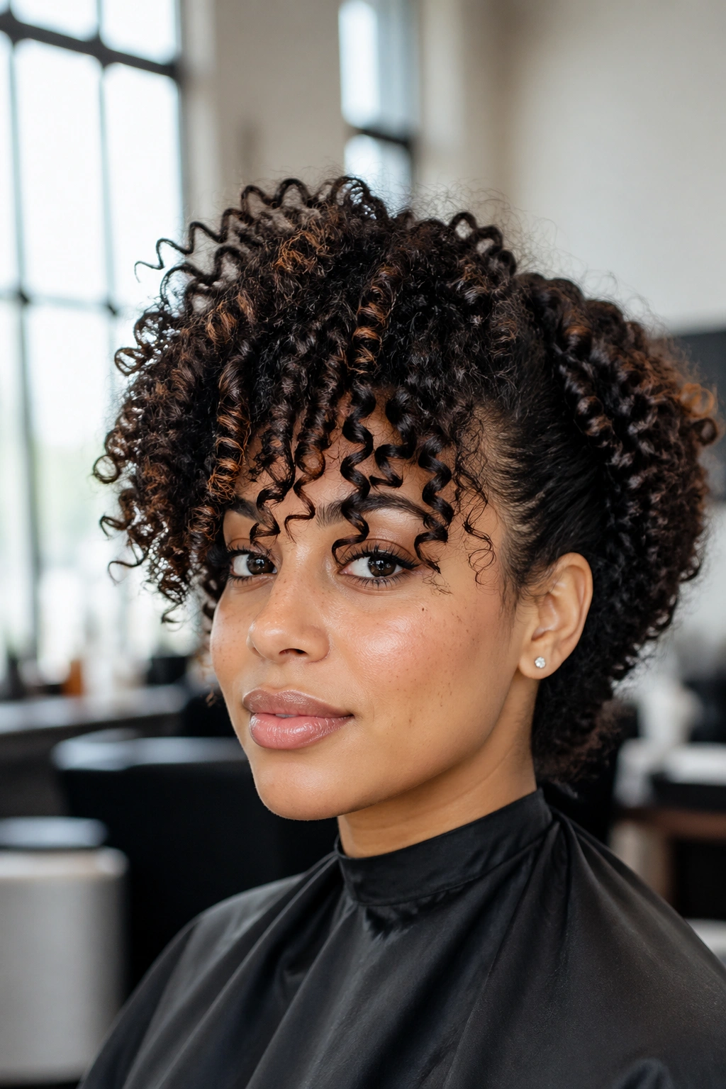 Close-up portrait of real woman with curly side bangs showing shrinkage effect in curl pattern.