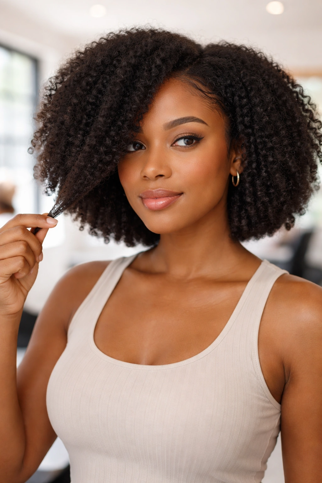 Portrait showing stretched afro hair to illustrate shrinkage planning