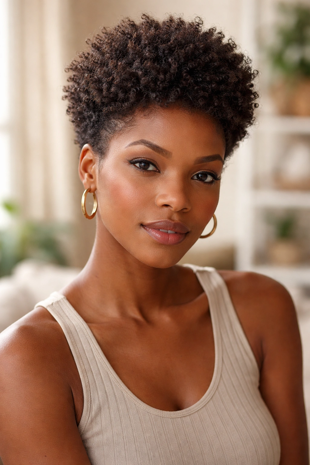 Portrait of a woman with a short afro showing shrinkage in natural light
