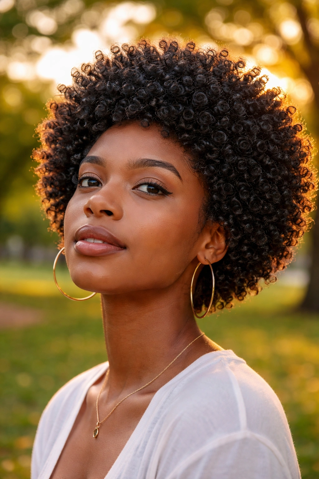 Close-up of a shrunken afro with sponge curls on a real person outdoors.