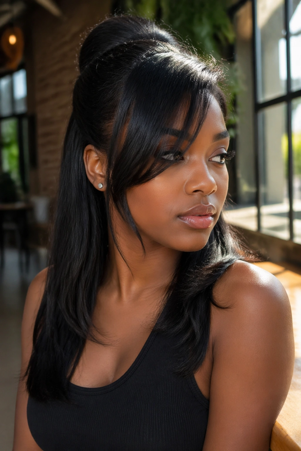 Portrait of a woman with a side-swept bang and layered ends