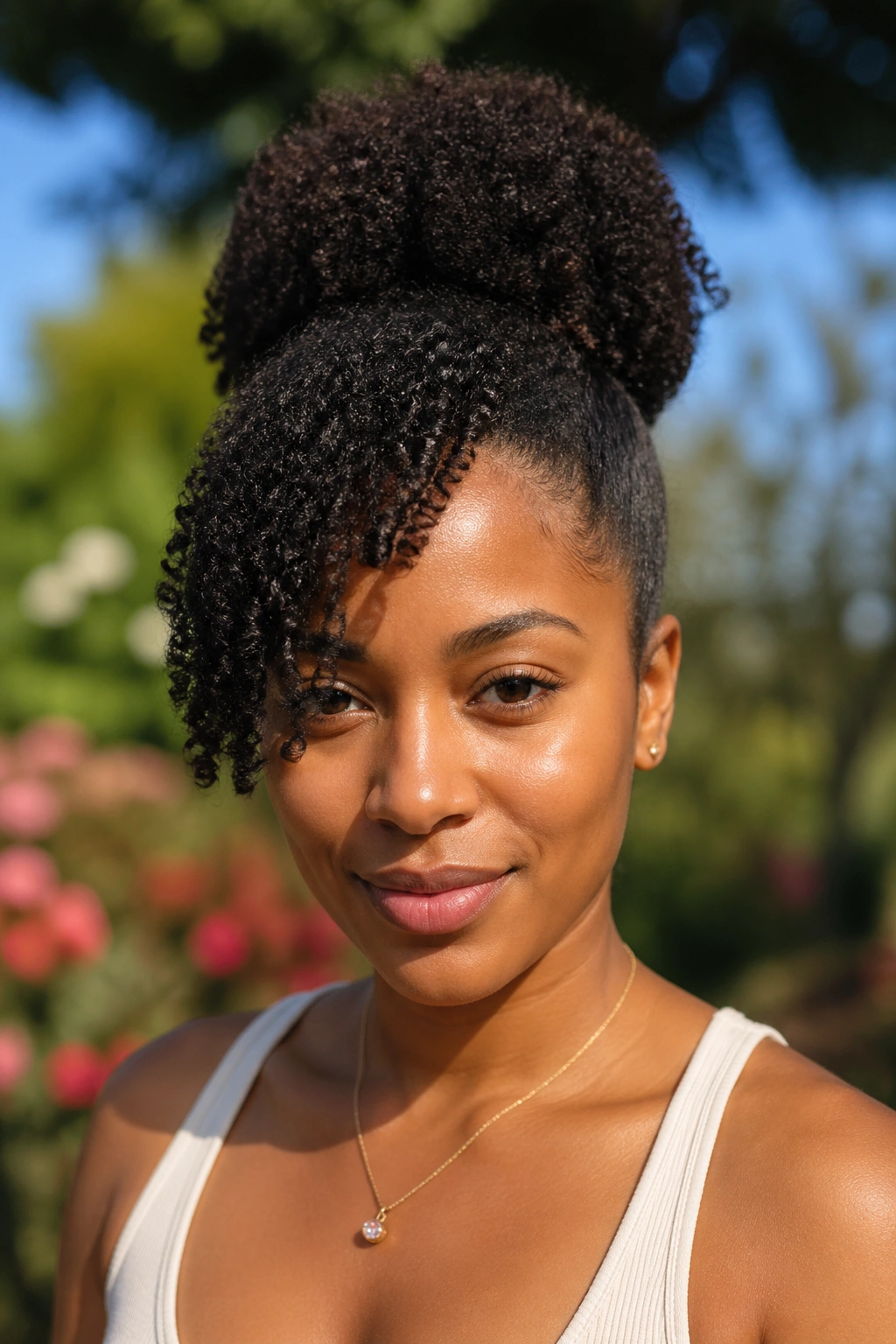 Close-up of a real person with a high puff and side bang