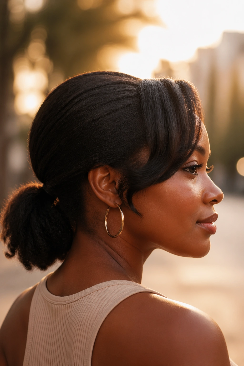 Side-profile shot of side-bang low ponytail in warm light.