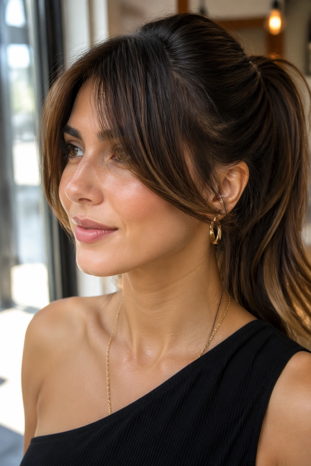 Close-up of a woman with a cheekbone-length side bang and mid swoop ponytail