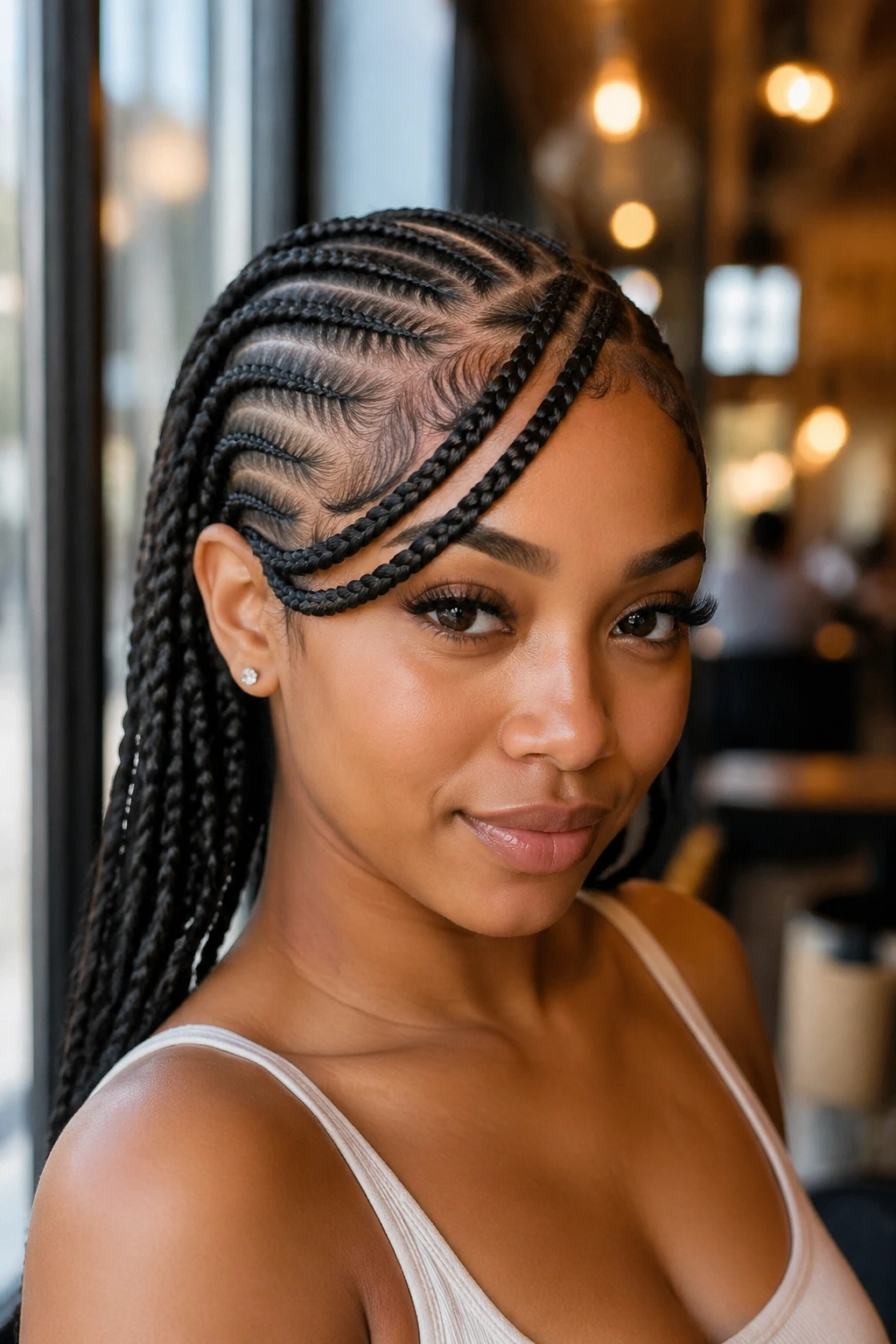 Real woman with side-swept braided bangs