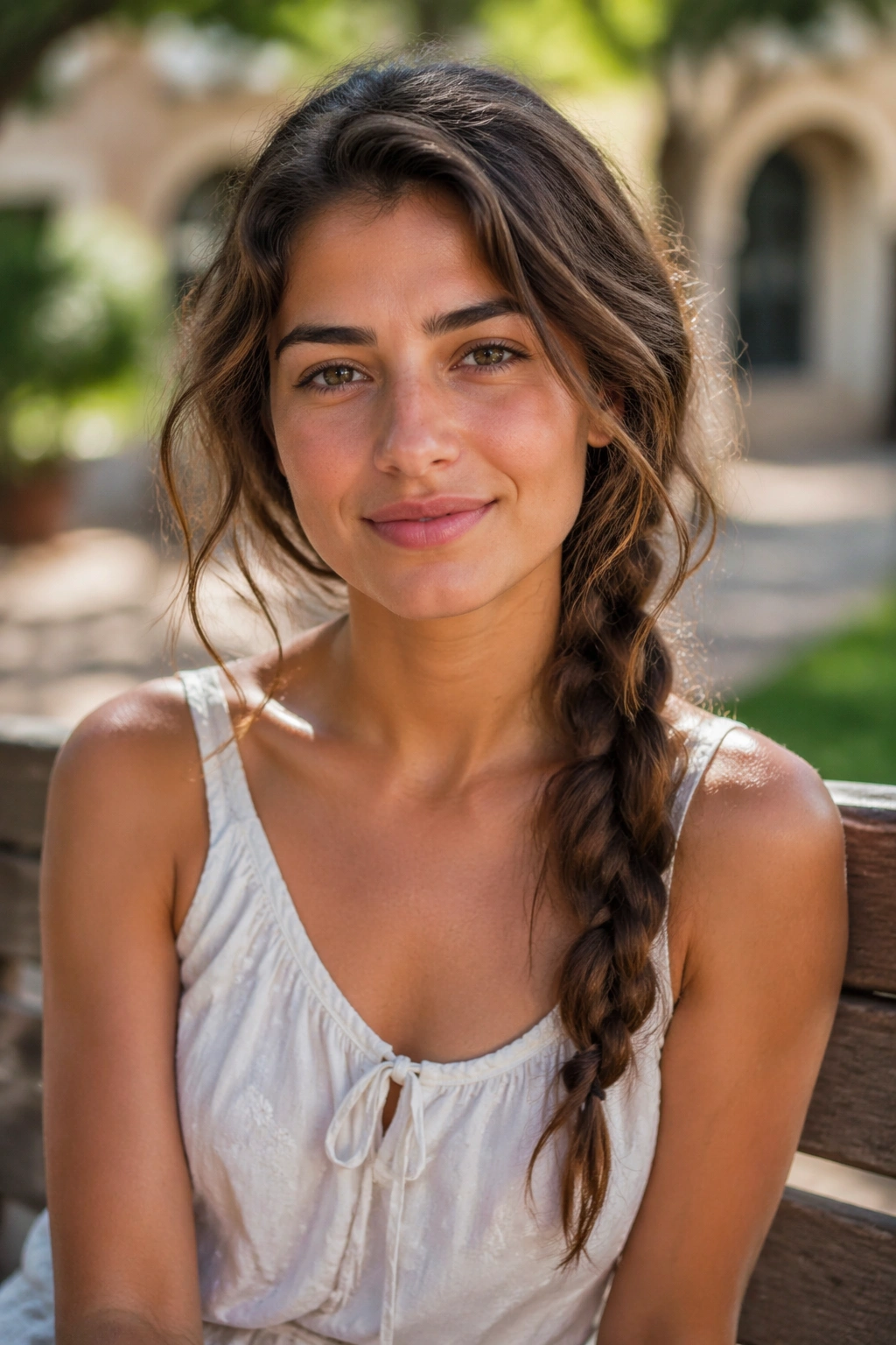 Real woman with a loose side braid over shoulder showing 2b waves