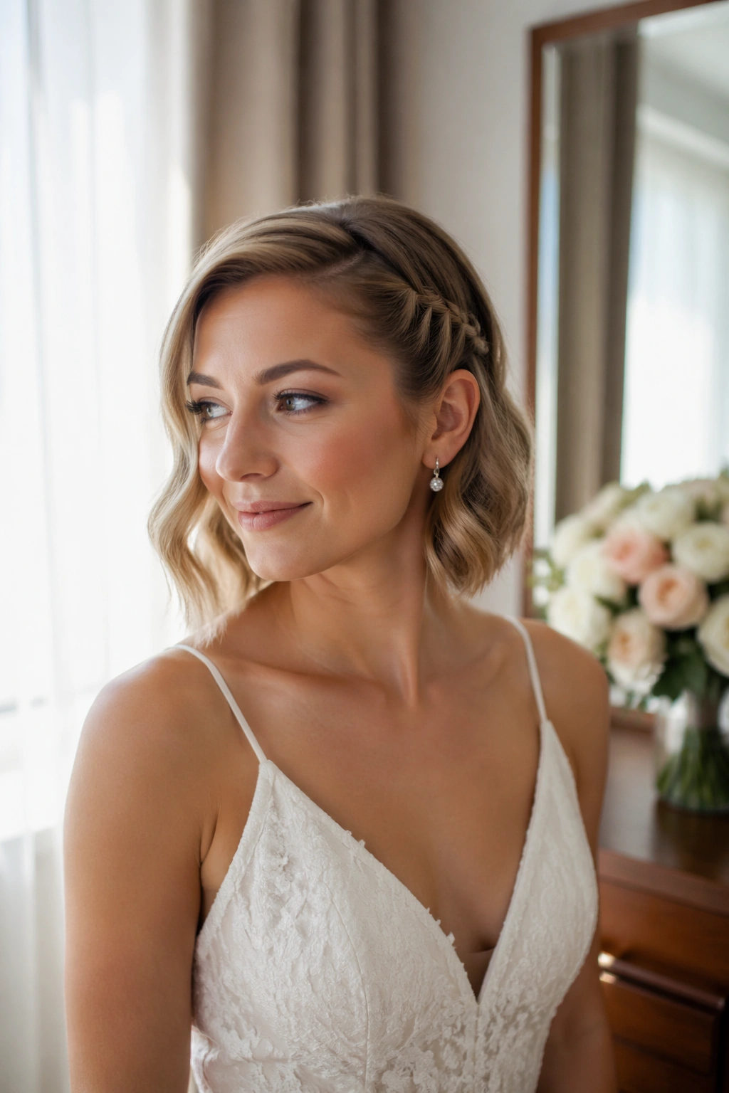 Side braid tucked behind ear on bob