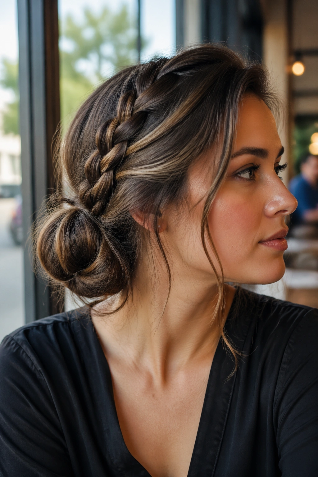 Close-up of real woman with side braid feeding into a low chignon and shoulder-length waves