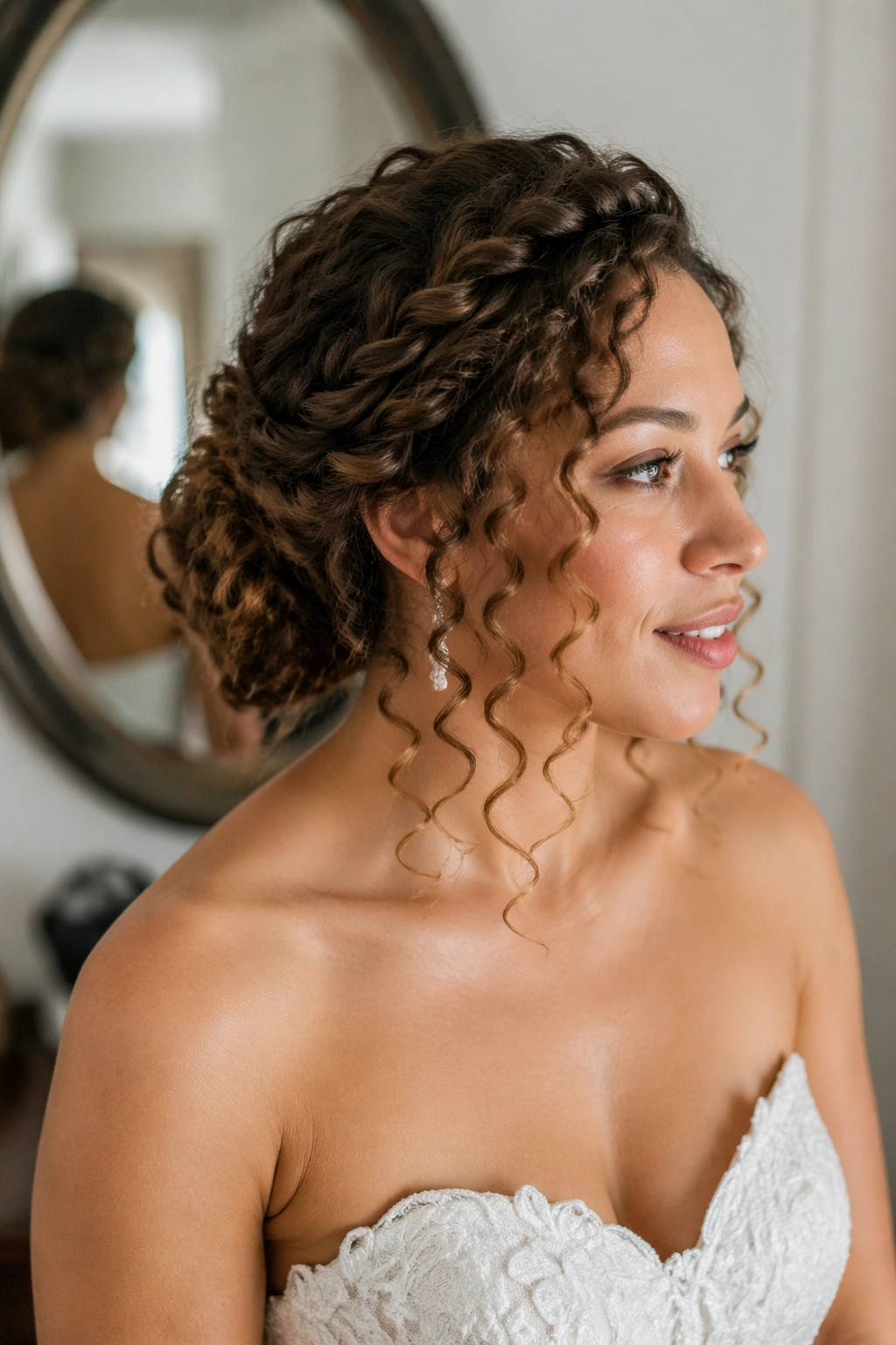 Close-up of a bride with a side braid leading to a low chignon and face-framing tendrils.