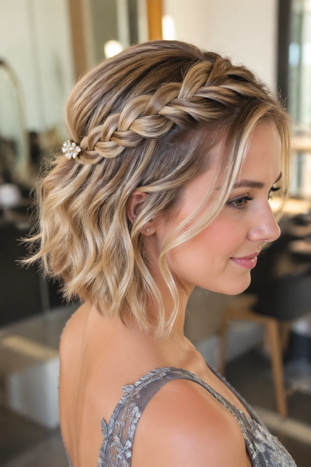 Portrait of a woman with a side braid crown and a single clip
