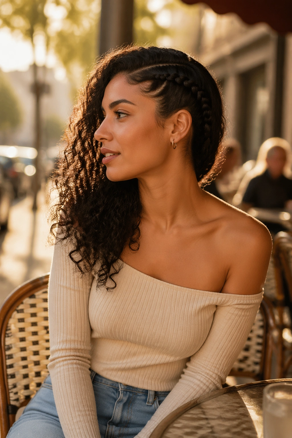 Side braid with loose curls on a sunlit sidewalk