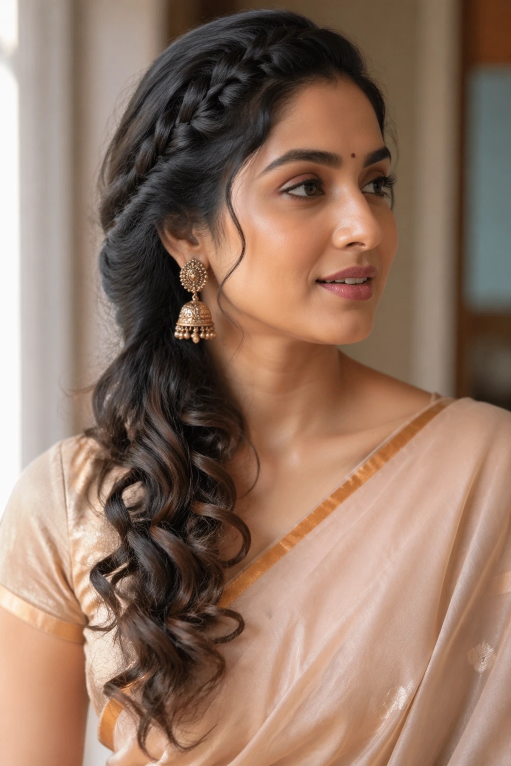 Close-up portrait of a real woman with a side braid flowing into loose curls, saree visible