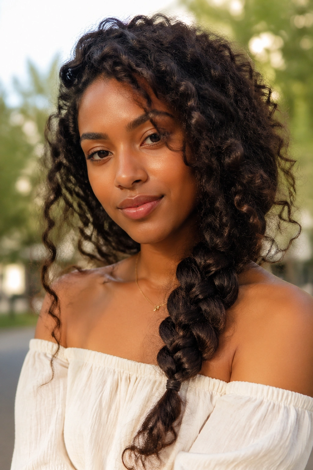Close-up portrait of a real person with a fluffy curly side braid