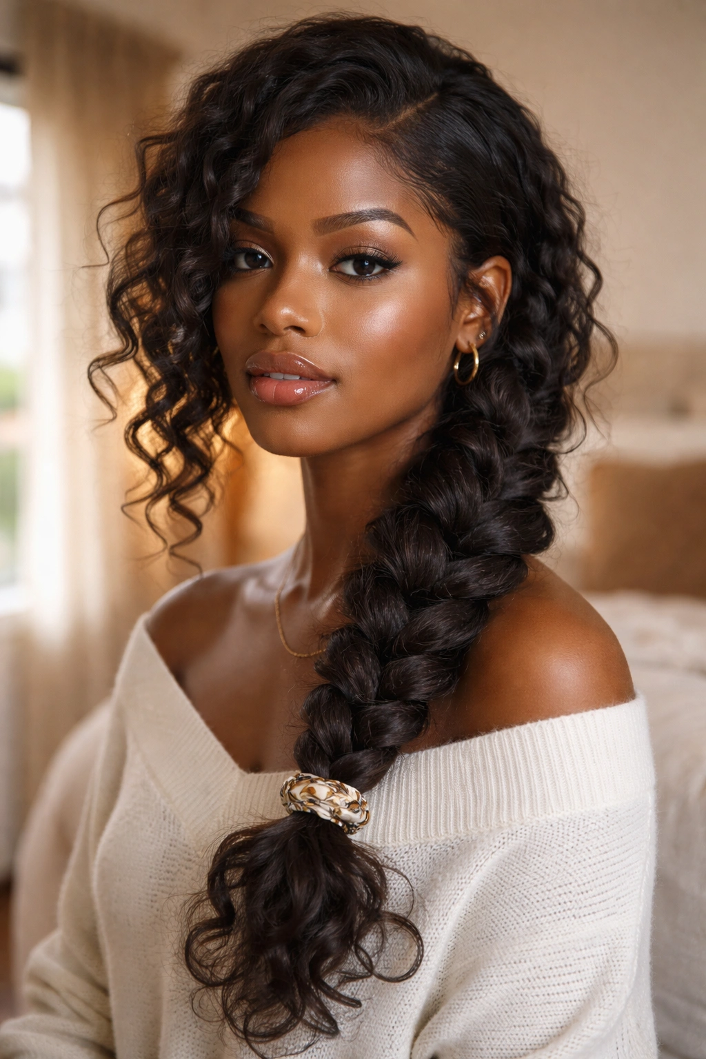 Close-up side profile of a real woman with a chunky side braid in a cozy, warmly lit room