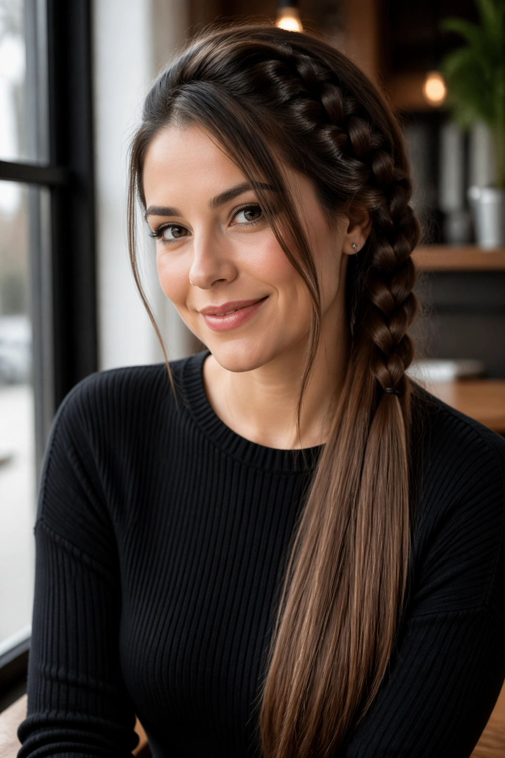 Close-up of a real woman with a deep side braid half-up and long straight ends over shoulder