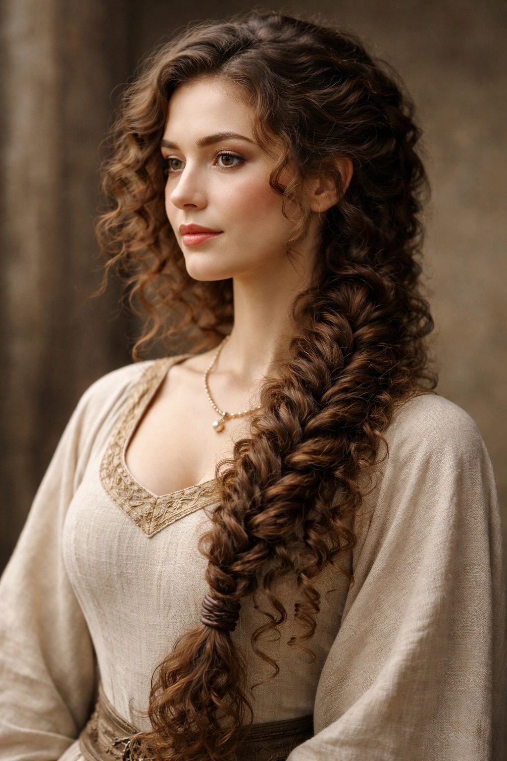 Side-swept braided tail with leather tie on curly hair