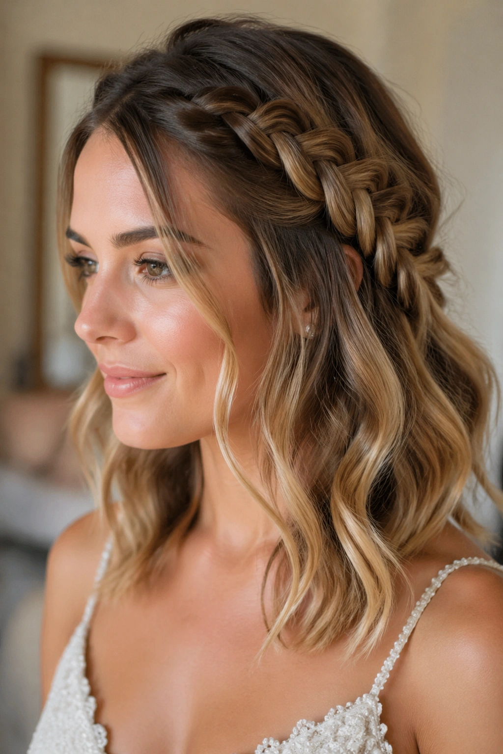Portrait of a woman with side braid blending into loose waves.