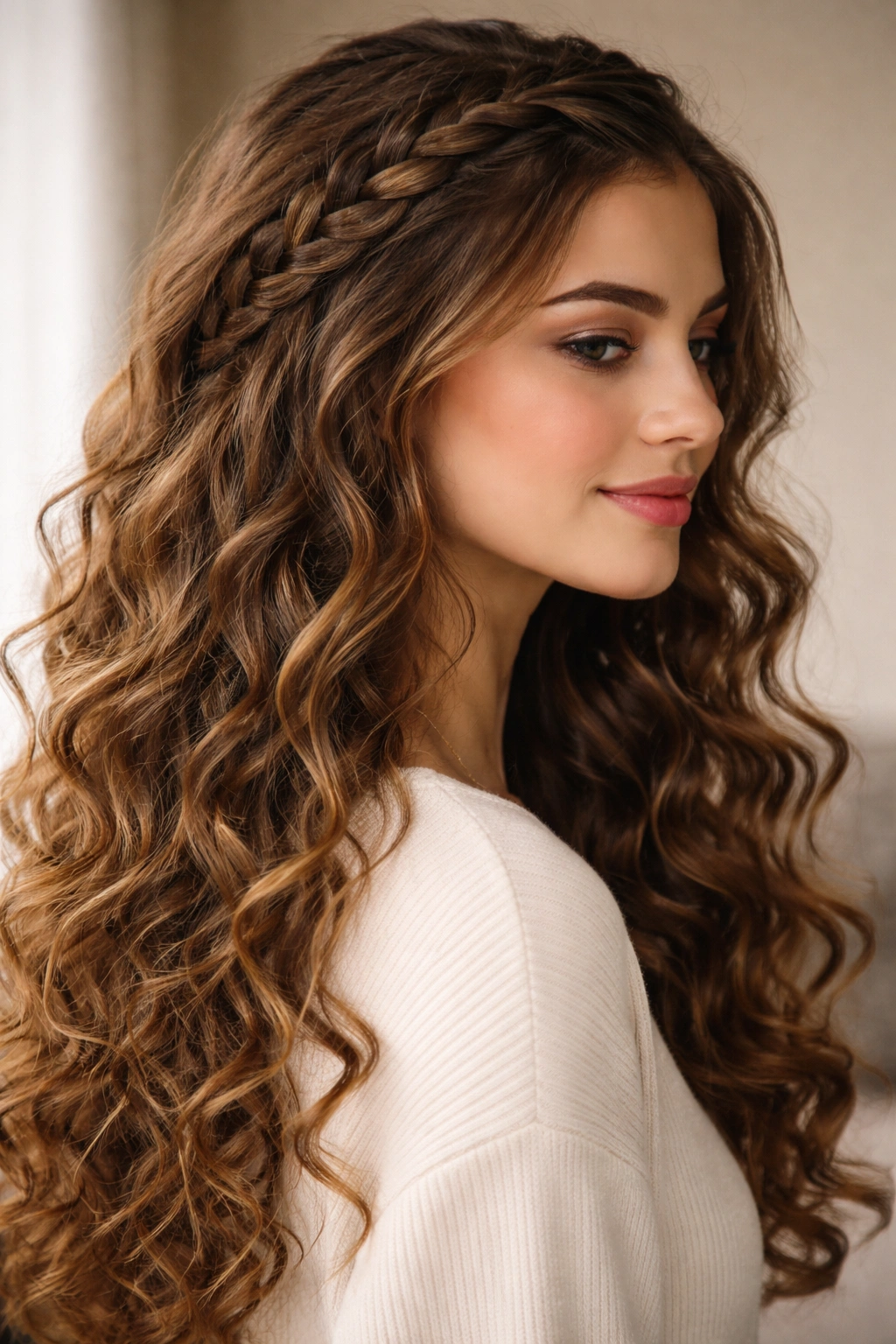 Side view of a braid along the temple blending with loose curls