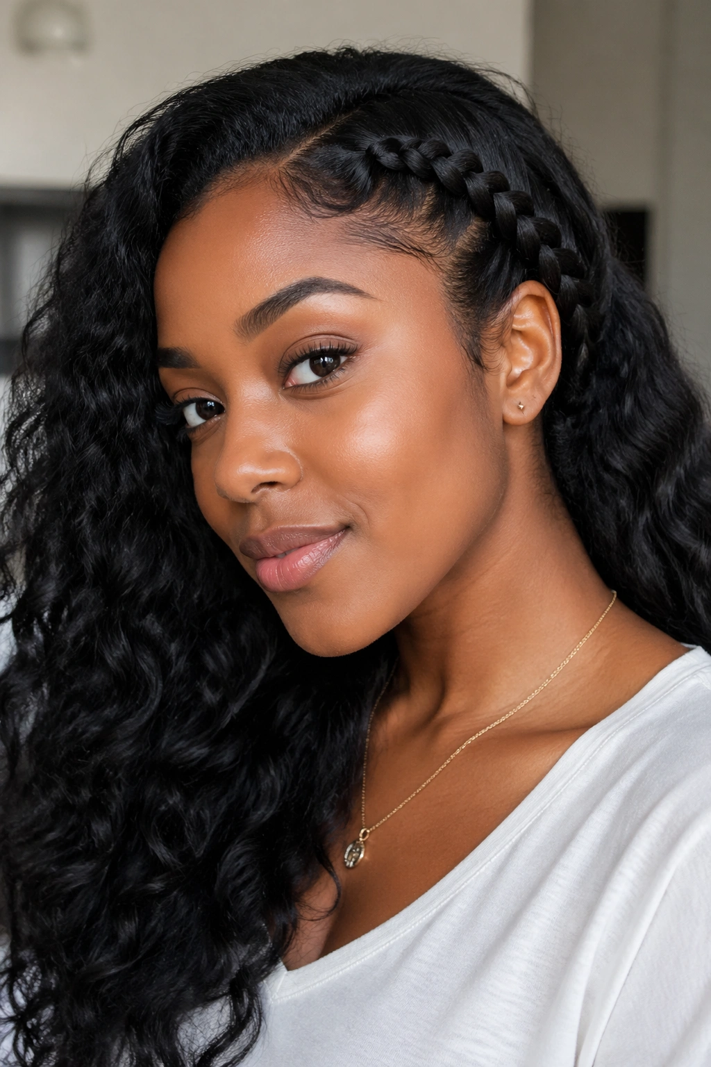 Close-up of a real person with a side braid and loose tail