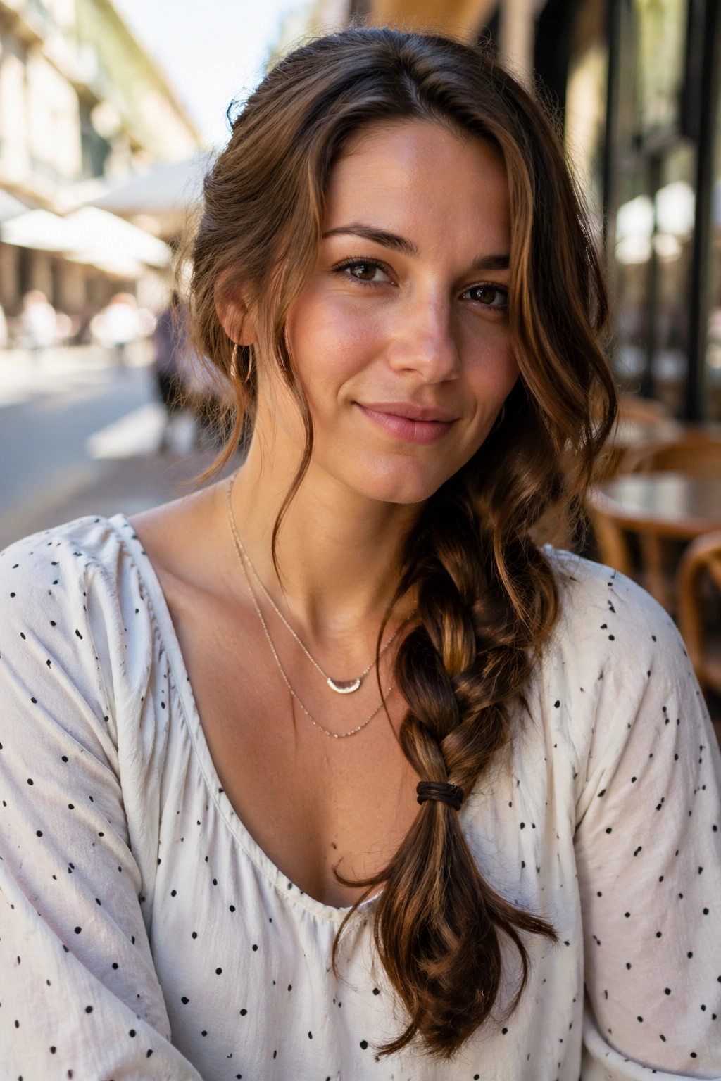 Close-up of a real person with a side braid and loose waves around the face