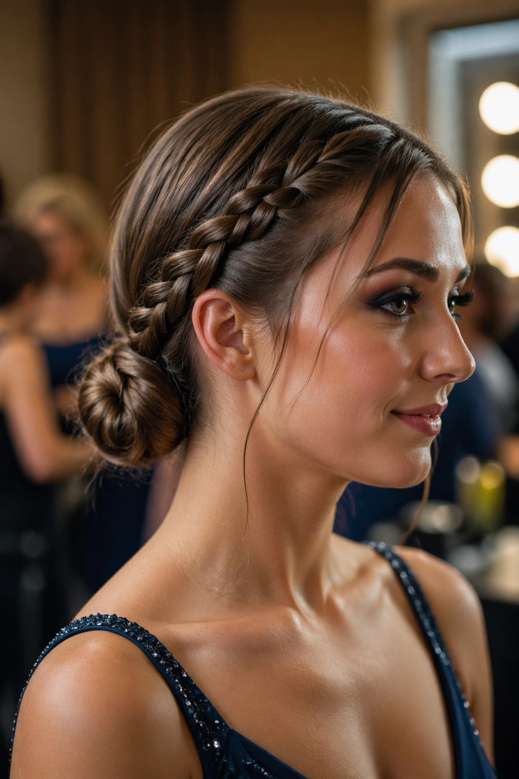 Close-up of a real woman with a side braid ending in a low polished knot