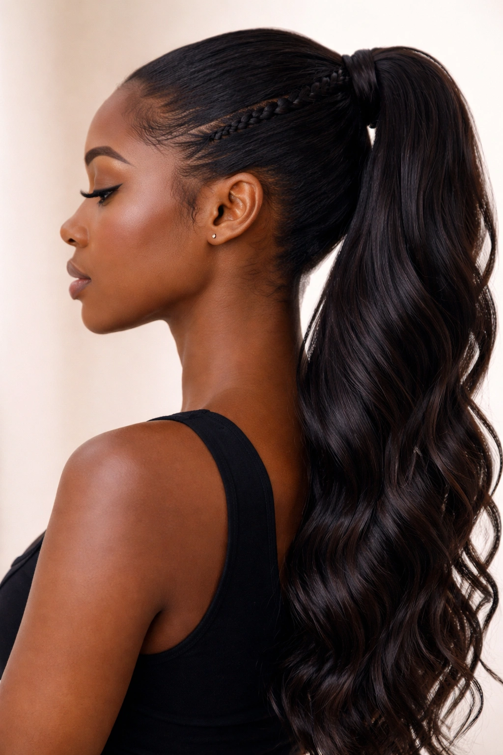Long wavy ponytail with a small side braid joining at the base.