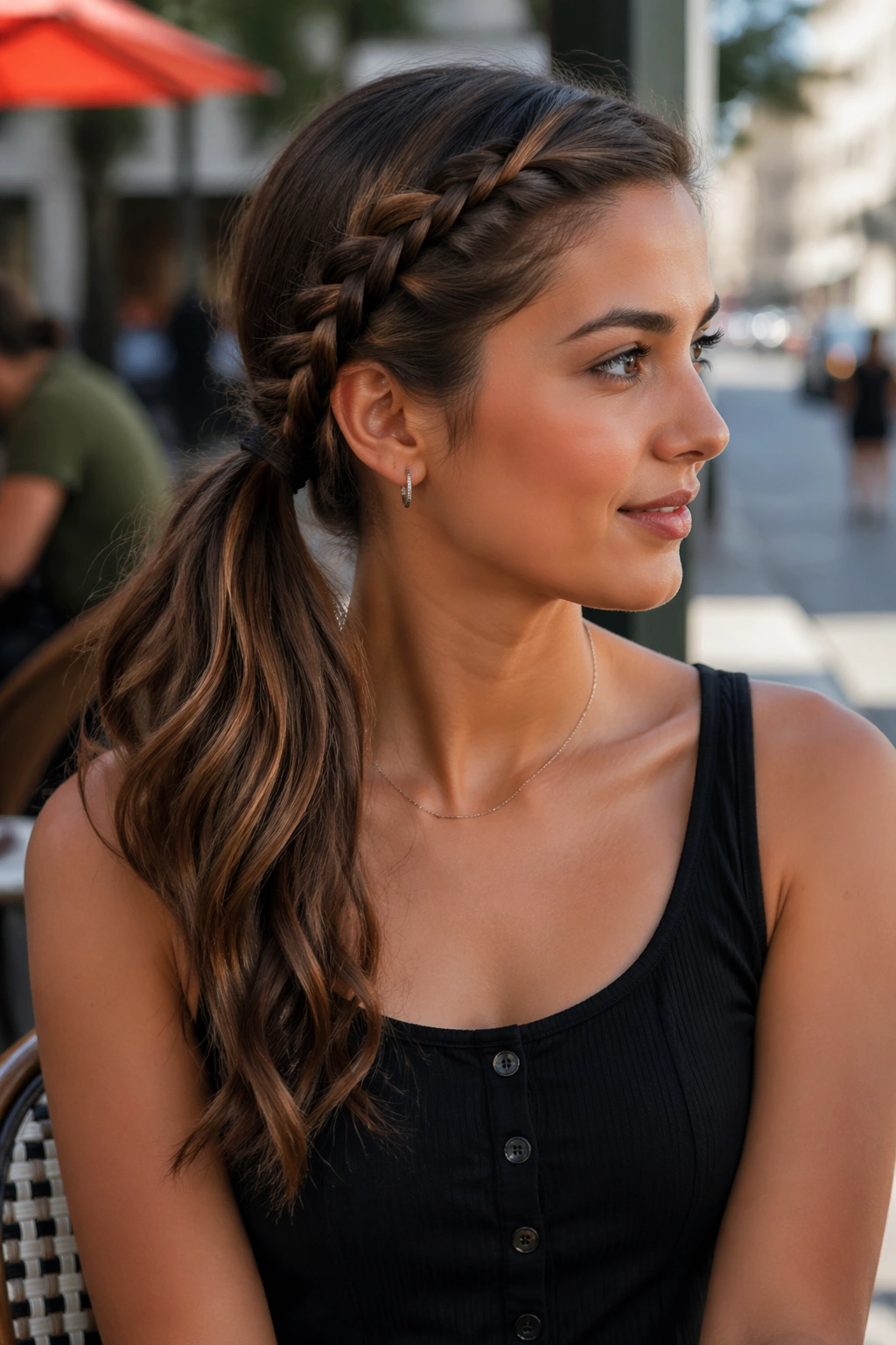Three-quarter view of a woman with a side braid ponytail