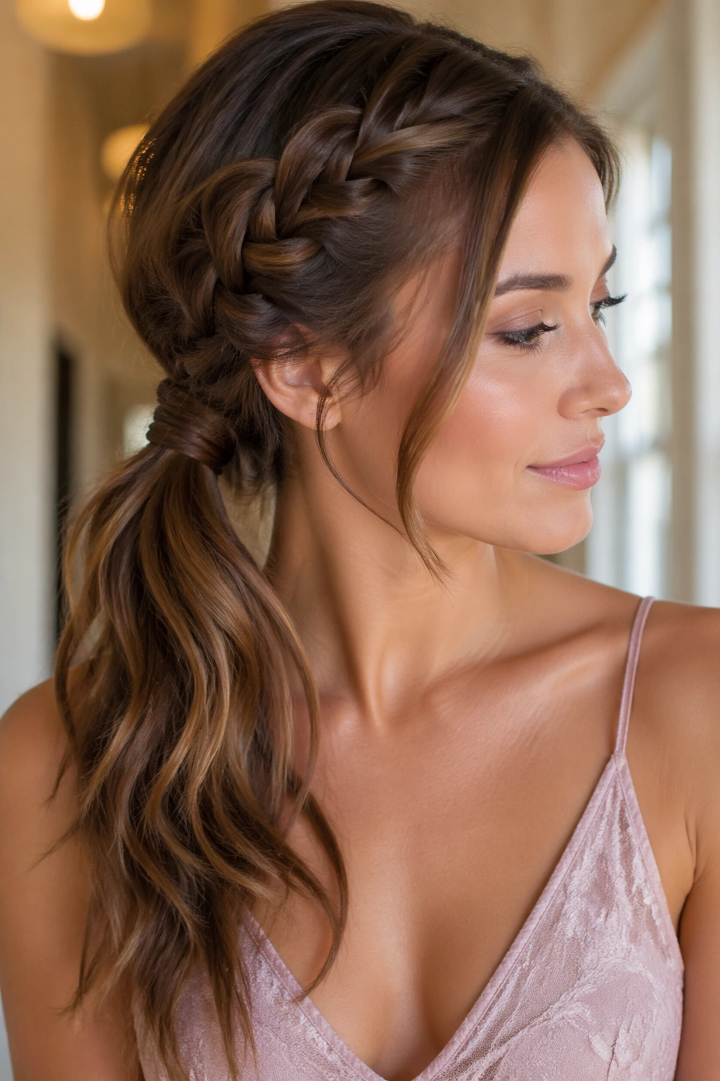 Close-up of a real woman with side braid ponytail