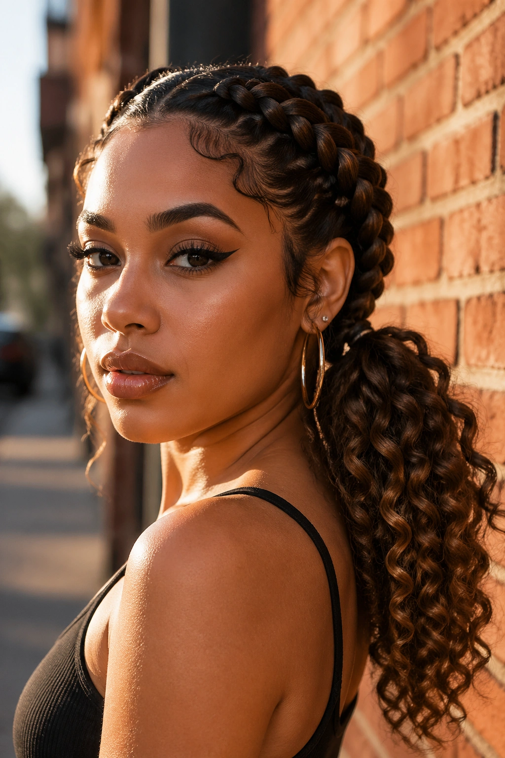 Close-up of a woman with a chunky side braid transitioning into a curly ponytail in warm afternoon light
