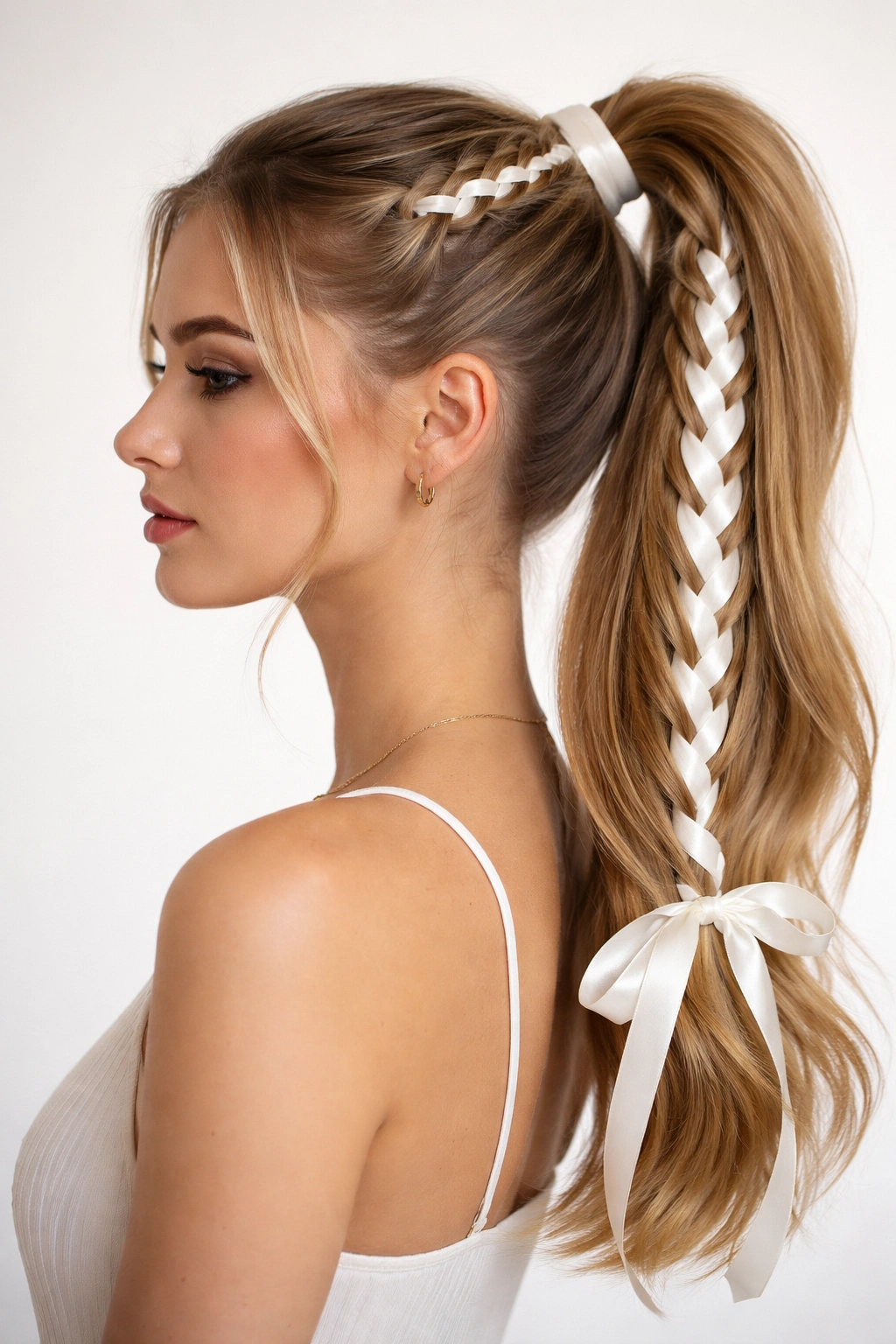 Side braid feeding into a high ponytail with ribbon threading